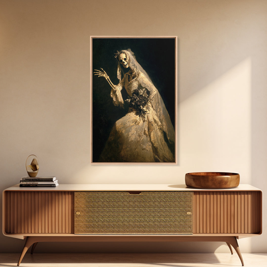 The Skeletal Bride, Dark Romantic Horror Art, Vertical Wall Art, Gothic Horror Wall Art, Framed Canvas Print, Halloween Wall Art