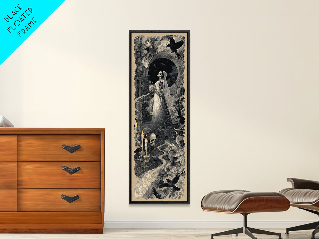 The Skeletal Bride, Architectural Etching Art, Tall Narrow Wall Art, Dark Halloween Decor, Framed Canvas Print