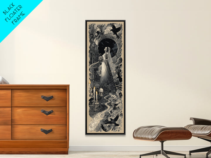 The Skeletal Bride, Architectural Etching Art, Tall Narrow Wall Art, Dark Halloween Decor, Framed Canvas Print