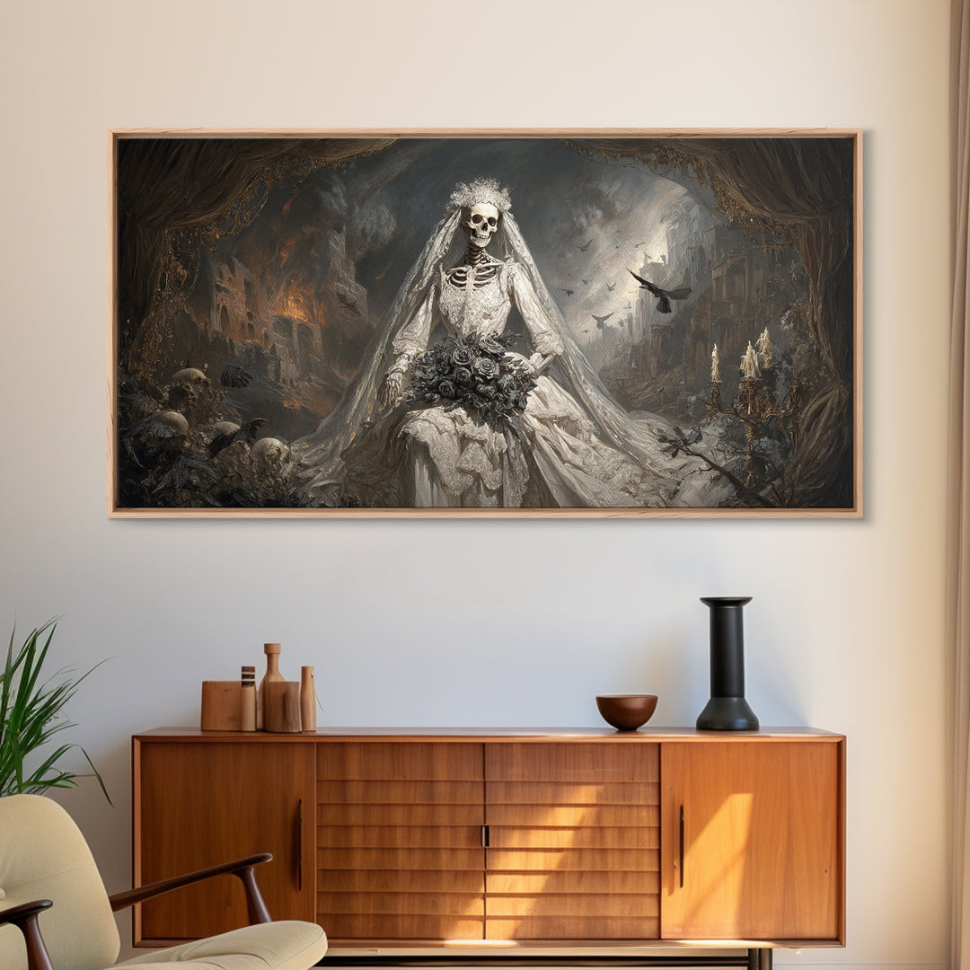 The Skeletal Bride, Apocalyptic Romantic Art, Wide Panoramic Art, Gothic Horror Wall Art, Canvas Print, Halloween Wall Art