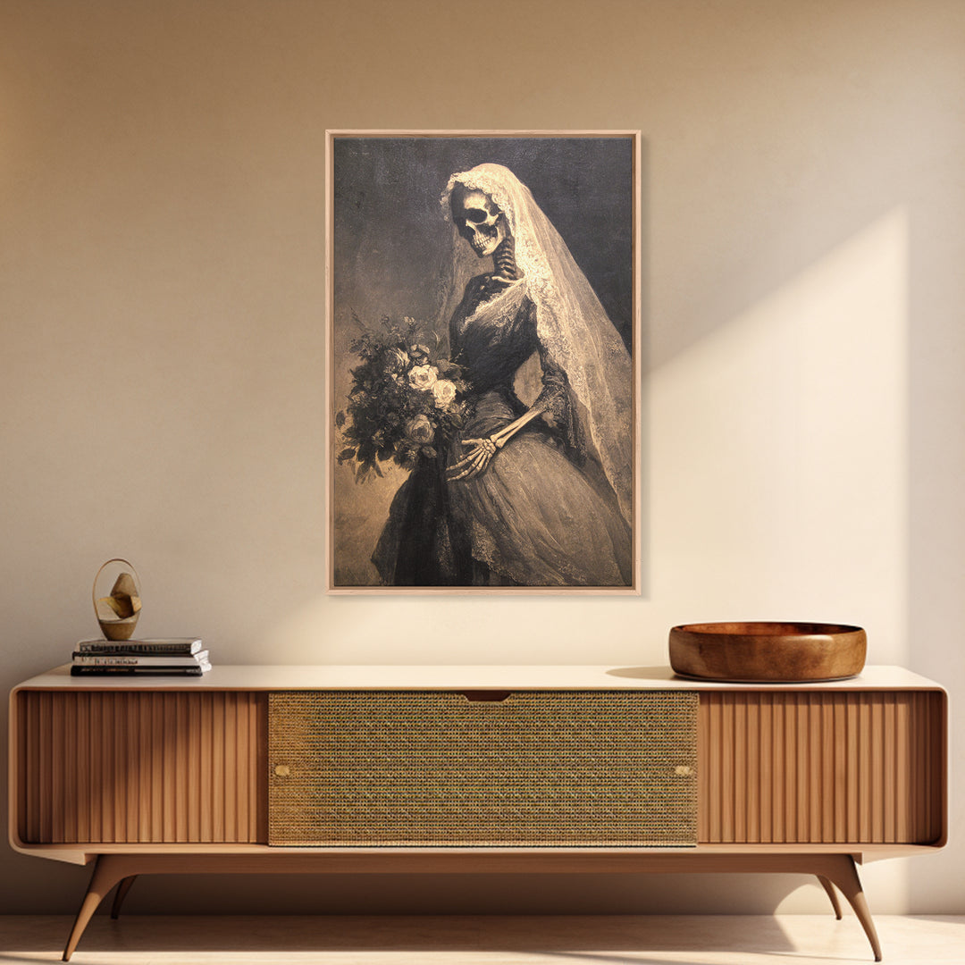 The Skeletal Bride, Symbolist Dream Art, Vertical Wall Art, Gothic Horror Wall Art, Framed Canvas Print, Halloween Wall Art