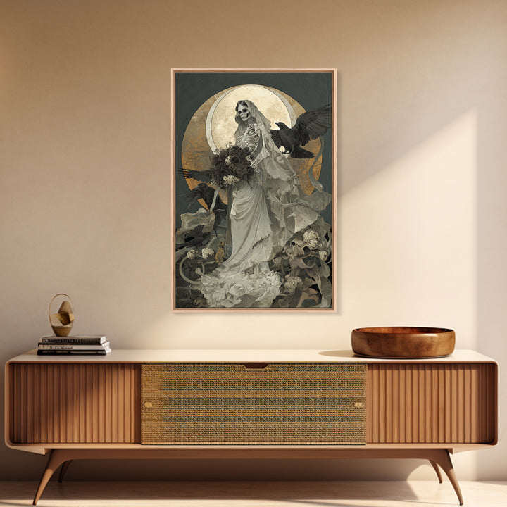 The Skeletal Bride, Decadent Gothic Art, Vertical Wall Art, Dark Halloween Decor, Framed Canvas Print, Halloween Wall Art