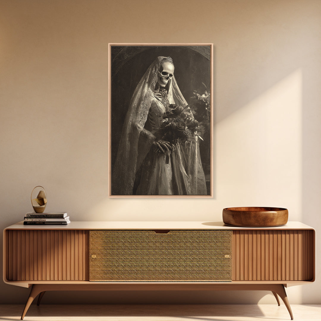 The Skeletal Bride, Dark Symbolist Art, Vertical Wall Art, Dark Fantasy Wall Art, Framed Canvas Print, Halloween Wall Art