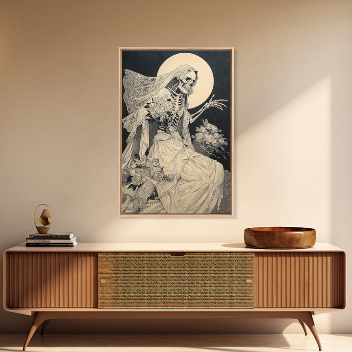 The Skeletal Bride, Symbolist Etching Art, Vertical Wall Art, Macabre Wall Art, Canvas Print, Halloween Wall Art, Statement Wall Art
