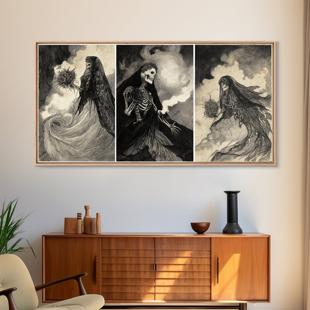 The Skeletal Bride, Expressionist Nightmare Art, Wide Panoramic Art, Dark Fantasy Wall Art, Framed Canvas Print, Halloween Wall Art