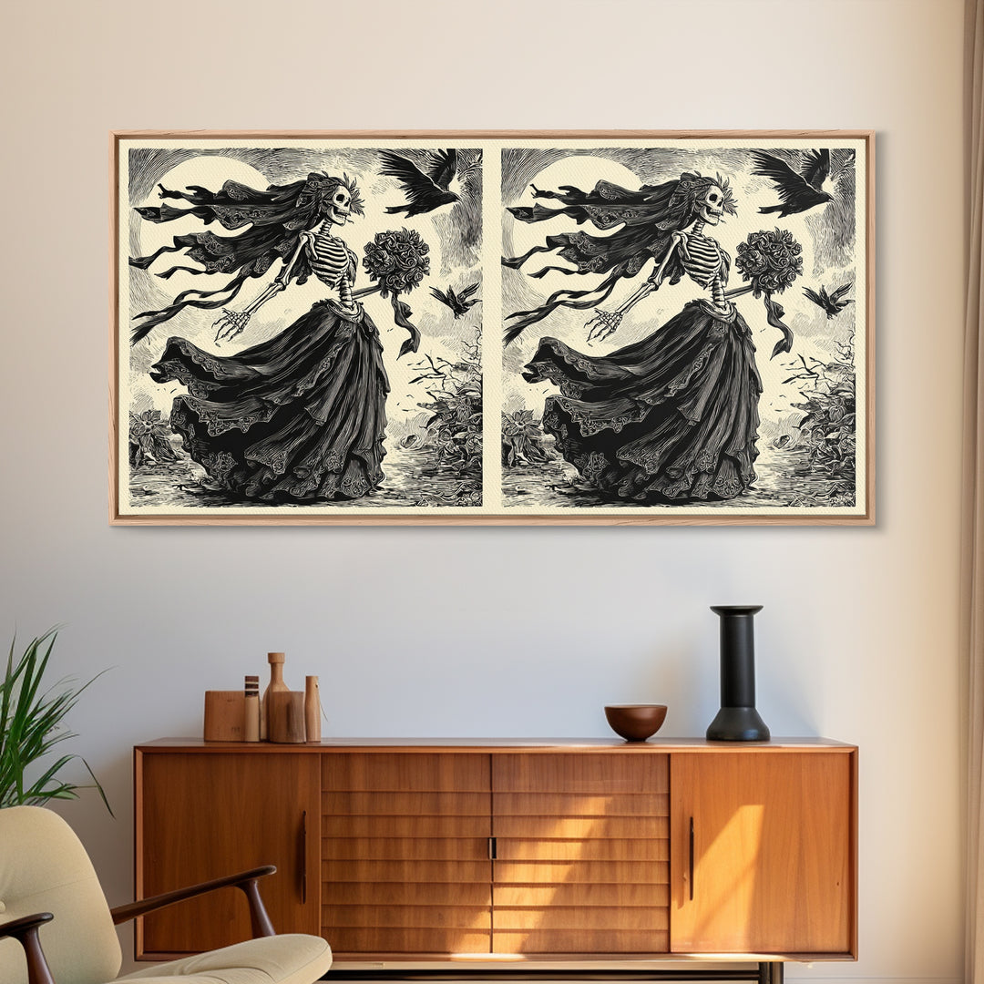 The Skeletal Bride, Macabre Folk Print Art, Wide Panoramic Art, Dark Halloween Decor, Framed Canvas Print, Halloween Wall Art