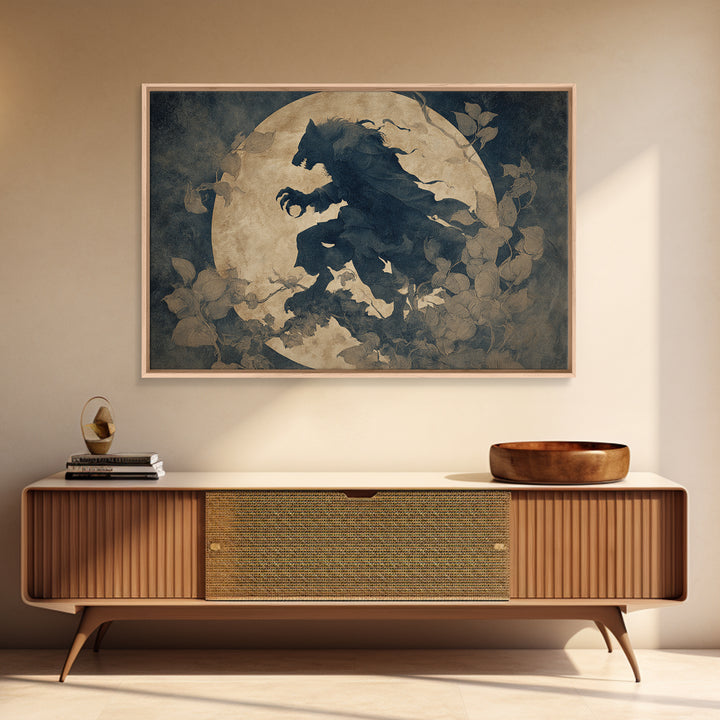 The Moon-Cursed Werewolf, Medieval Grotesque Art, Landscape Wall Art, Macabre Wall Art, Framed Canvas Print, Halloween Wall Art