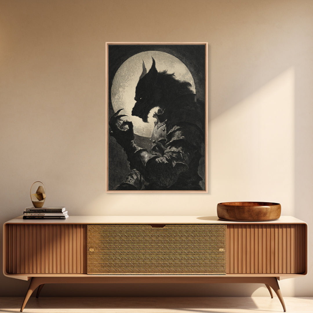 The Moon-Cursed Werewolf, Renaissance Engraving Art, Vertical Wall Art, Macabre Wall Art, Framed Canvas Print, Halloween Wall Art