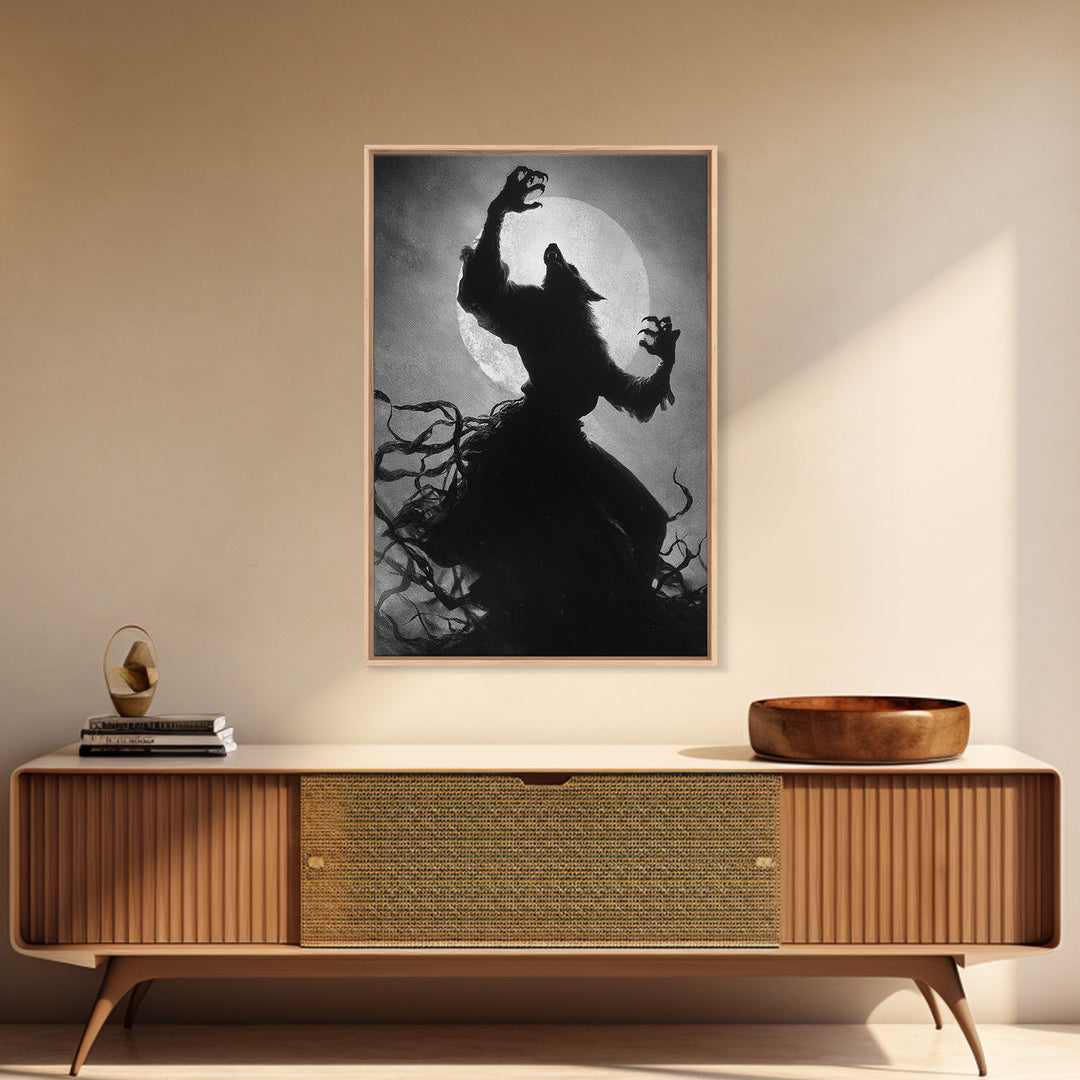 The Moon-Cursed Werewolf, Dark Romantic Horror Art, Vertical Wall Art, Gothic Horror Wall Art, Framed Canvas Print, Halloween Wall Art