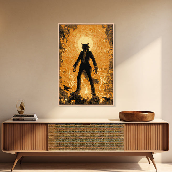 The Moon-Cursed Werewolf, Visionary Gothic Art, Vertical Wall Art, Dark Halloween Decor, Framed Canvas Print, Halloween Wall Art