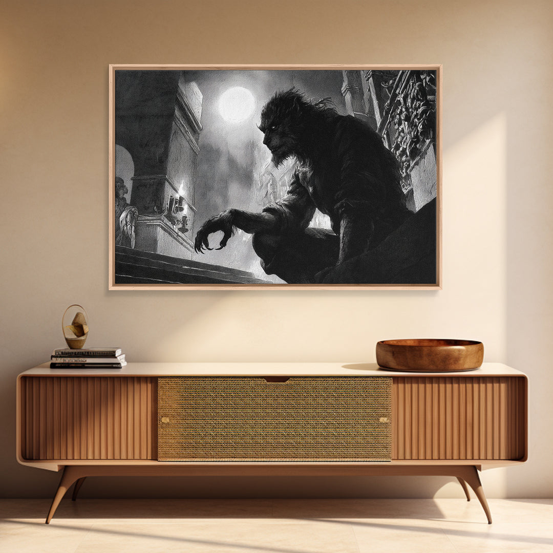 The Moon-Cursed Werewolf, Architectural Etching Art, Landscape Wall Art, Gothic Horror Wall Art, Framed Canvas Print
