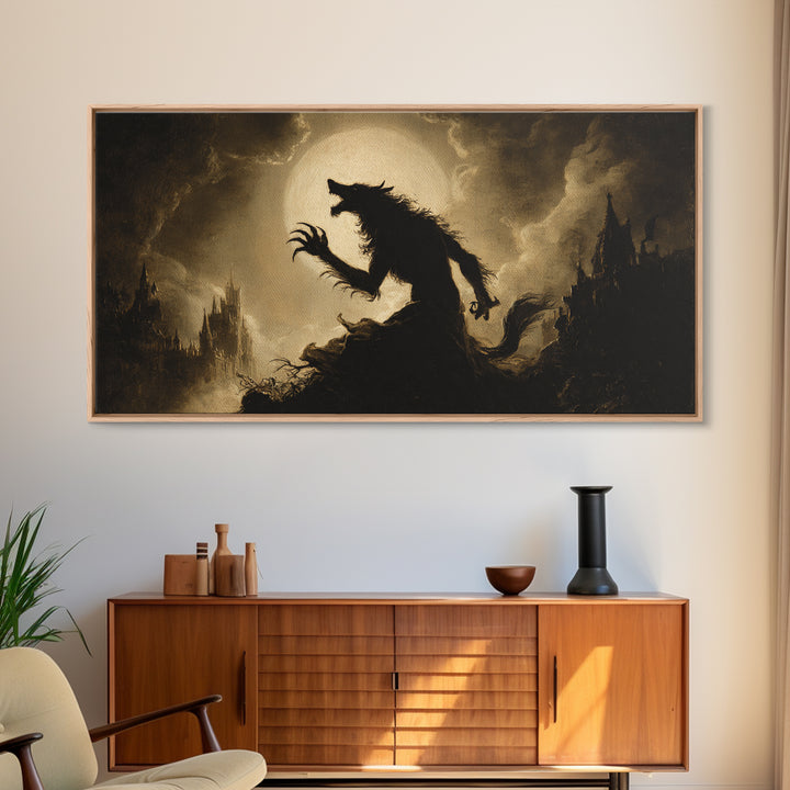 The Moon-Cursed Werewolf, Apocalyptic Romantic Art, Wide Panoramic Art, Gothic Horror Wall Art, Canvas Print, Halloween Wall Art