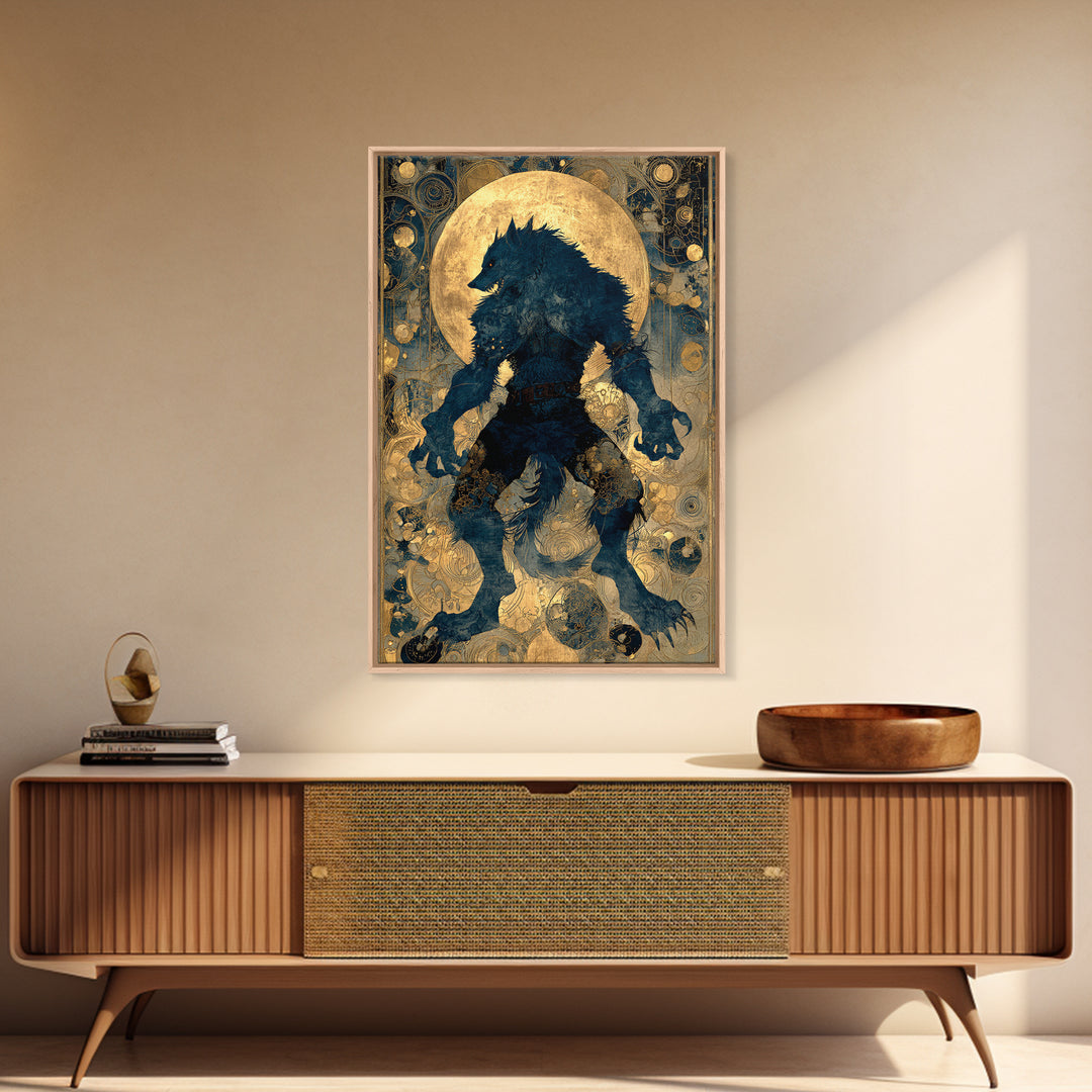 The Moon-Cursed Werewolf, Ornate Symbolist Art, Vertical Wall Art, Macabre Wall Art, Framed Canvas Print, Halloween Wall Art