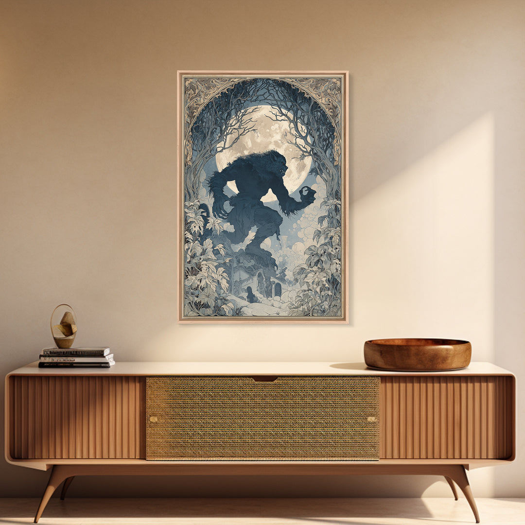 The Moon-Cursed Werewolf, Symbolist Death Art, Vertical Wall Art, Macabre Wall Art, Framed Canvas Print, Halloween Wall Art