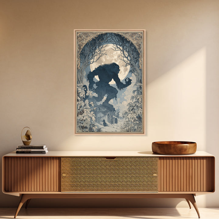 The Moon-Cursed Werewolf, Symbolist Death Art, Vertical Wall Art, Macabre Wall Art, Framed Canvas Print, Halloween Wall Art