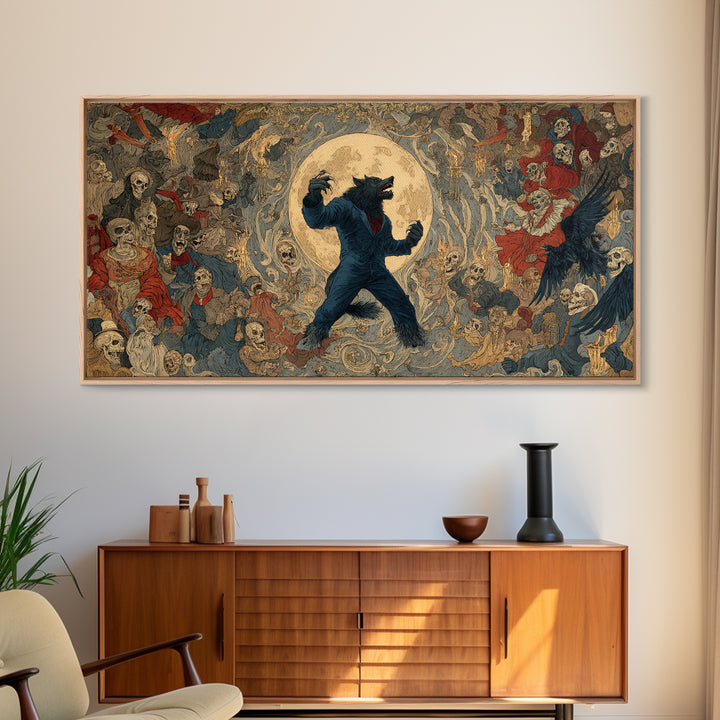 The Moon-Cursed Werewolf, Grotesque Carnival Art, Wide Panoramic Art, Dark Fantasy Wall Art, Canvas Print, Halloween Wall Art