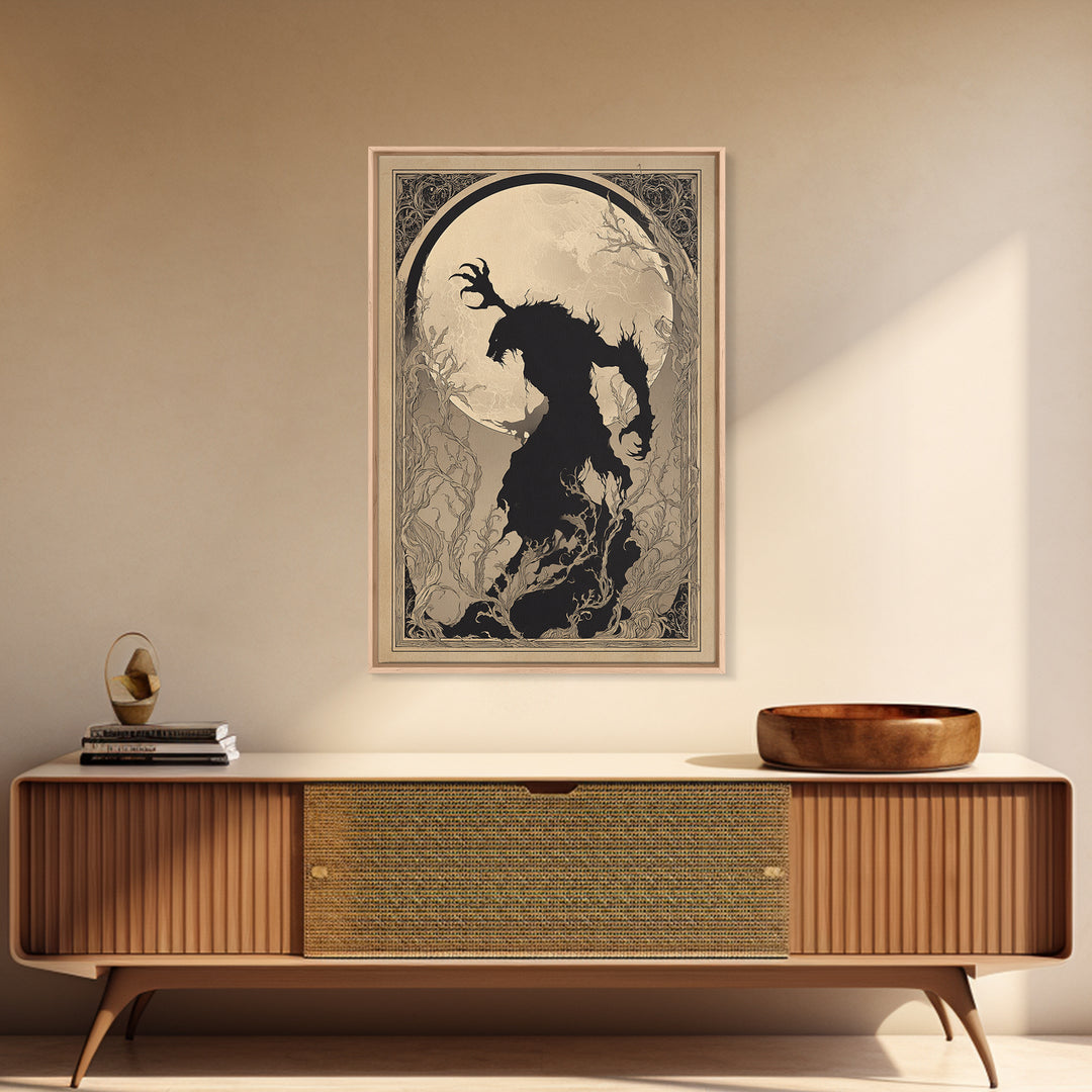 The Moon-Cursed Werewolf, Decadent Line Art, Vertical Wall Art, Dark Fantasy Wall Art, Framed Canvas Print, Halloween Wall Art
