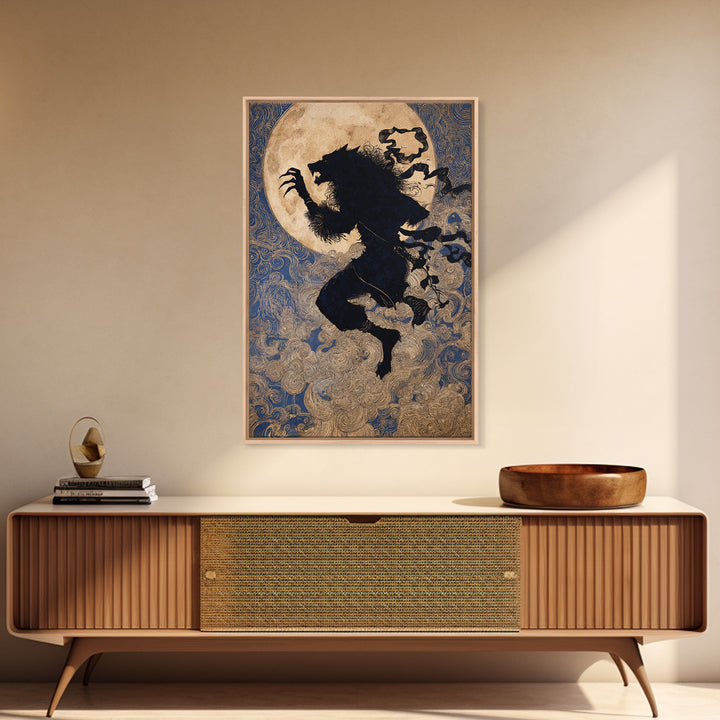 The Moon-Cursed Werewolf, Stained Glass Gothic Art, Vertical Wall Art, Dark Fantasy Wall Art, Framed Canvas Print, Halloween Wall Art