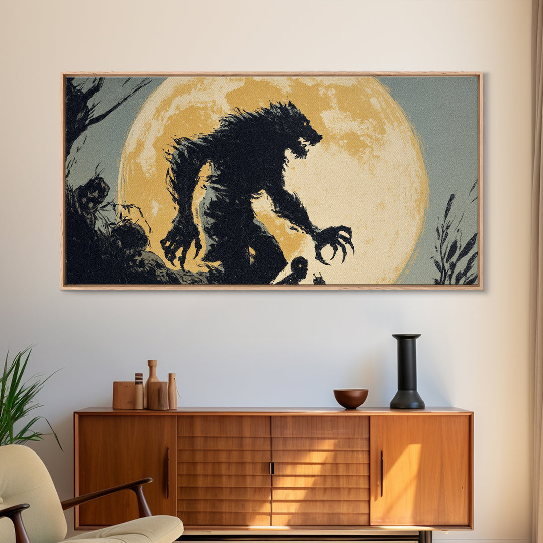 The Moon-Cursed Werewolf, Macabre Folk Print Art, Wide Panoramic Art, Dark Fantasy Wall Art, Framed Canvas Print