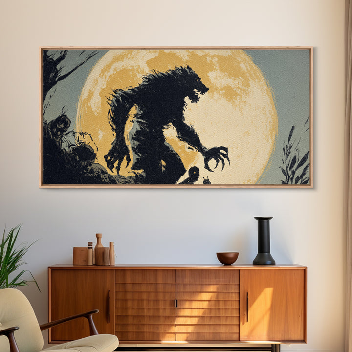 The Moon-Cursed Werewolf, Macabre Folk Print Art, Wide Panoramic Art, Dark Fantasy Wall Art, Framed Canvas Print