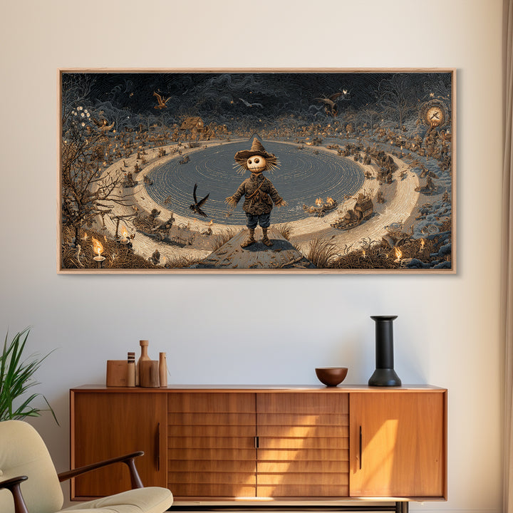 The Living Scarecrow, Northern Renaissance Horror, Wide Panoramic Art, Dark Fantasy Wall Art, Framed Canvas Print