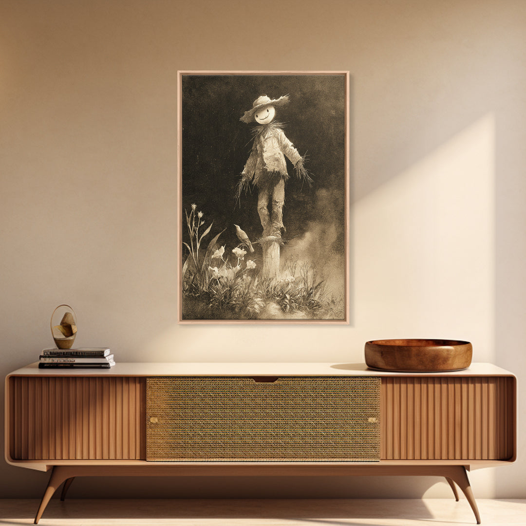 The Living Scarecrow, Symbolist Dream Art, Vertical Wall Art, Dark Halloween Decor, Framed Canvas Print, Halloween Wall Art