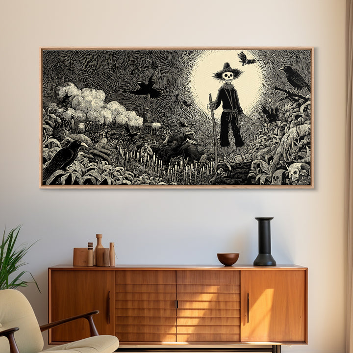 The Living Scarecrow, Macabre Folk Print Art, Wide Panoramic Art, Macabre Wall Art, Canvas Print, Halloween Wall Art