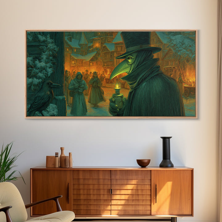 The Plague Doctor, Northern Renaissance Horror, Wide Panoramic Art, Dark Halloween Decor, Canvas Print, Halloween Wall Art