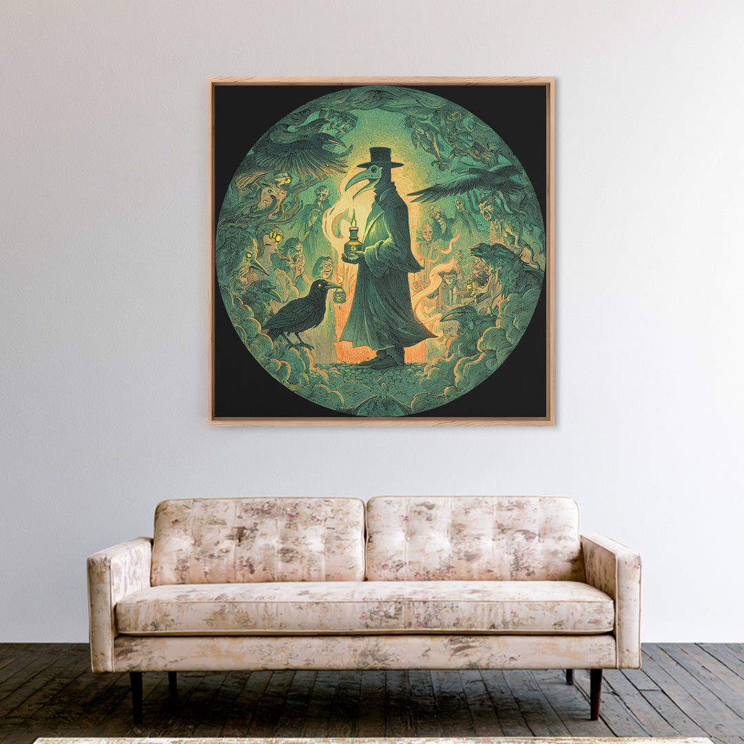 The Plague Doctor, Symbolist Etching Art, Square Wall Art, Dark Halloween Decor, Framed Canvas Print, Halloween Wall Art