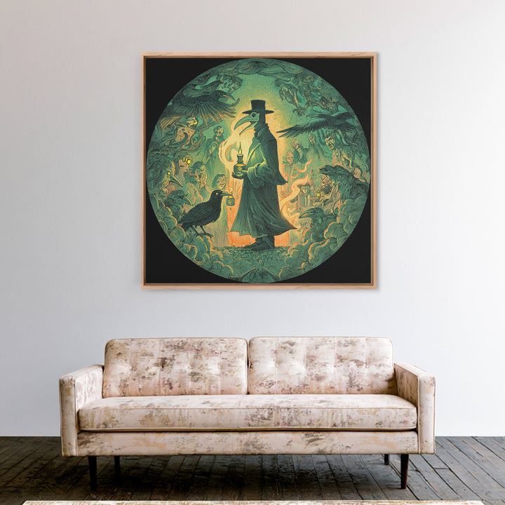 The Plague Doctor, Symbolist Etching Art, Square Wall Art, Dark Halloween Decor, Framed Canvas Print, Halloween Wall Art