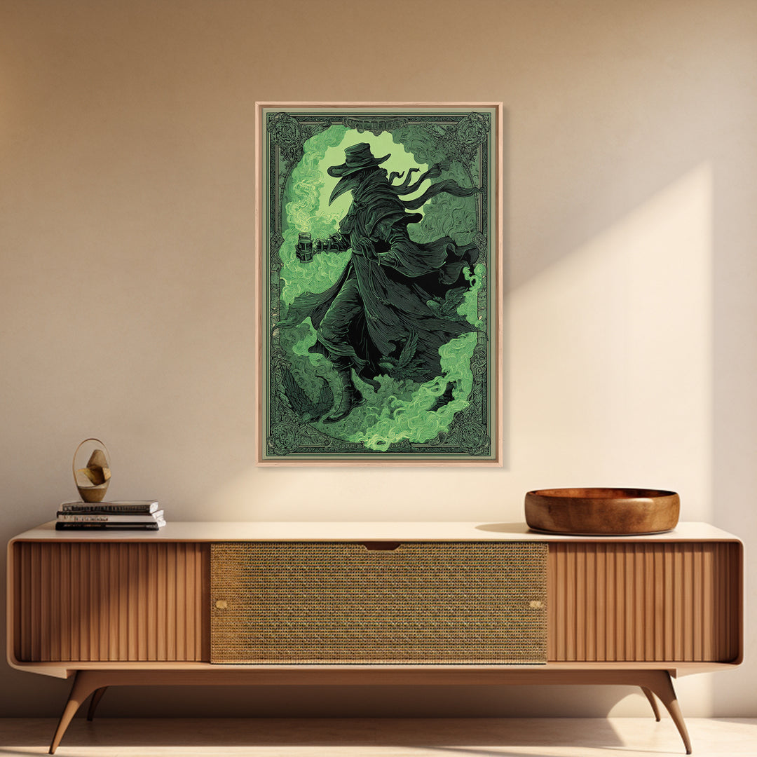 The Plague Doctor, Decadent Line Art, Vertical Wall Art, Dark Halloween Decor, Framed Canvas Print, Halloween Wall Art