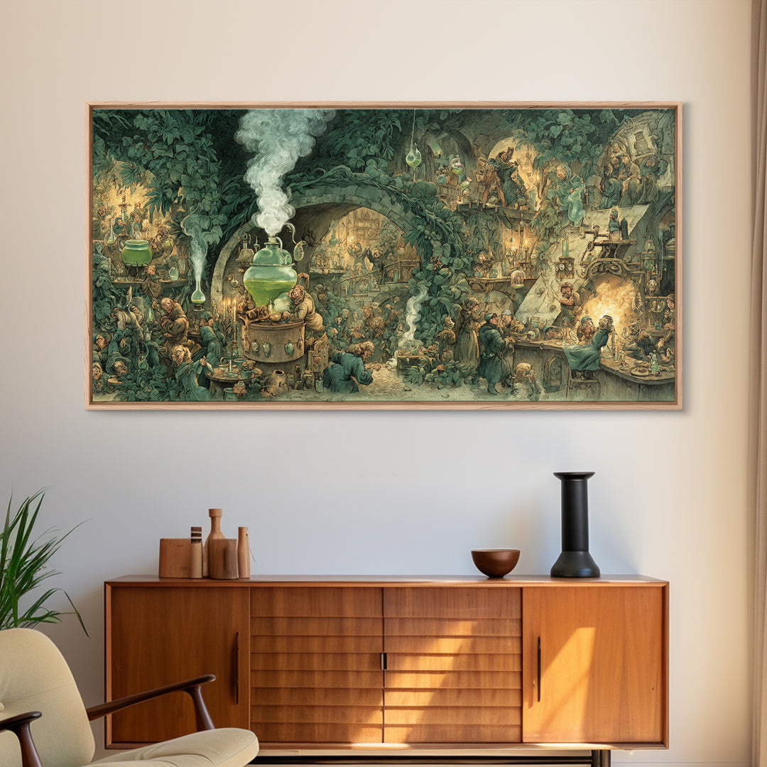 The Mad Alchemist, Northern Renaissance Horror, Wide Panoramic Art, Dark Halloween Decor, Framed Canvas Print, Halloween Wall Art