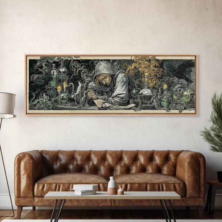 The Mad Alchemist, Renaissance Engraving Art, Extra Wide Wall Art, Dark Halloween Decor, Framed Canvas Print, Halloween Wall Art