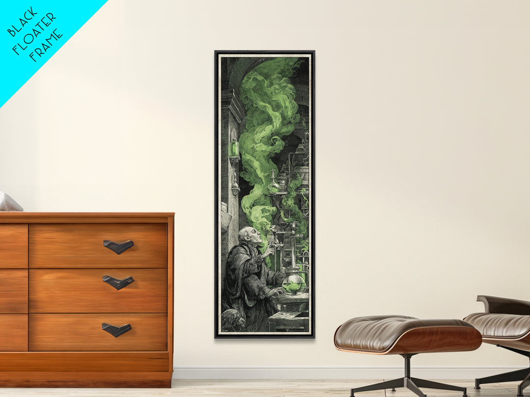 The Mad Alchemist, Architectural Etching Art, Tall Narrow Wall Art, Dark Halloween Decor, Framed Canvas Print