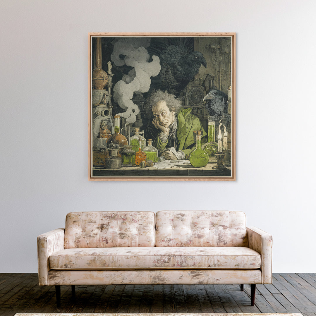 The Mad Alchemist, Symbolist Etching Art, Square Wall Art, Macabre Wall Art, Framed Canvas Print, Halloween Wall Art, Dark Fantasy Art