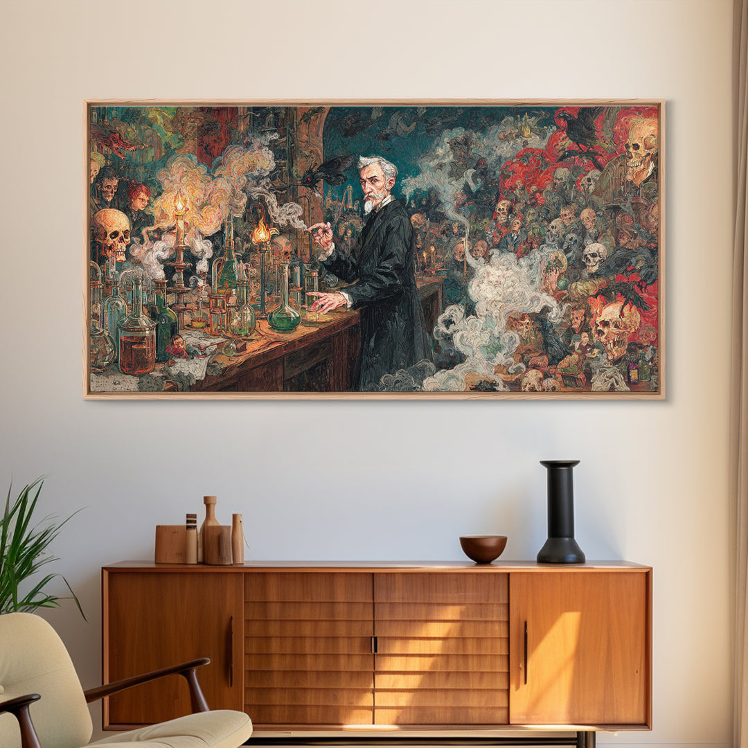 The Mad Alchemist, Grotesque Carnival Art, Wide Panoramic Art, Dark Fantasy Wall Art, Canvas Print, Halloween Wall Art, Halloween Decor