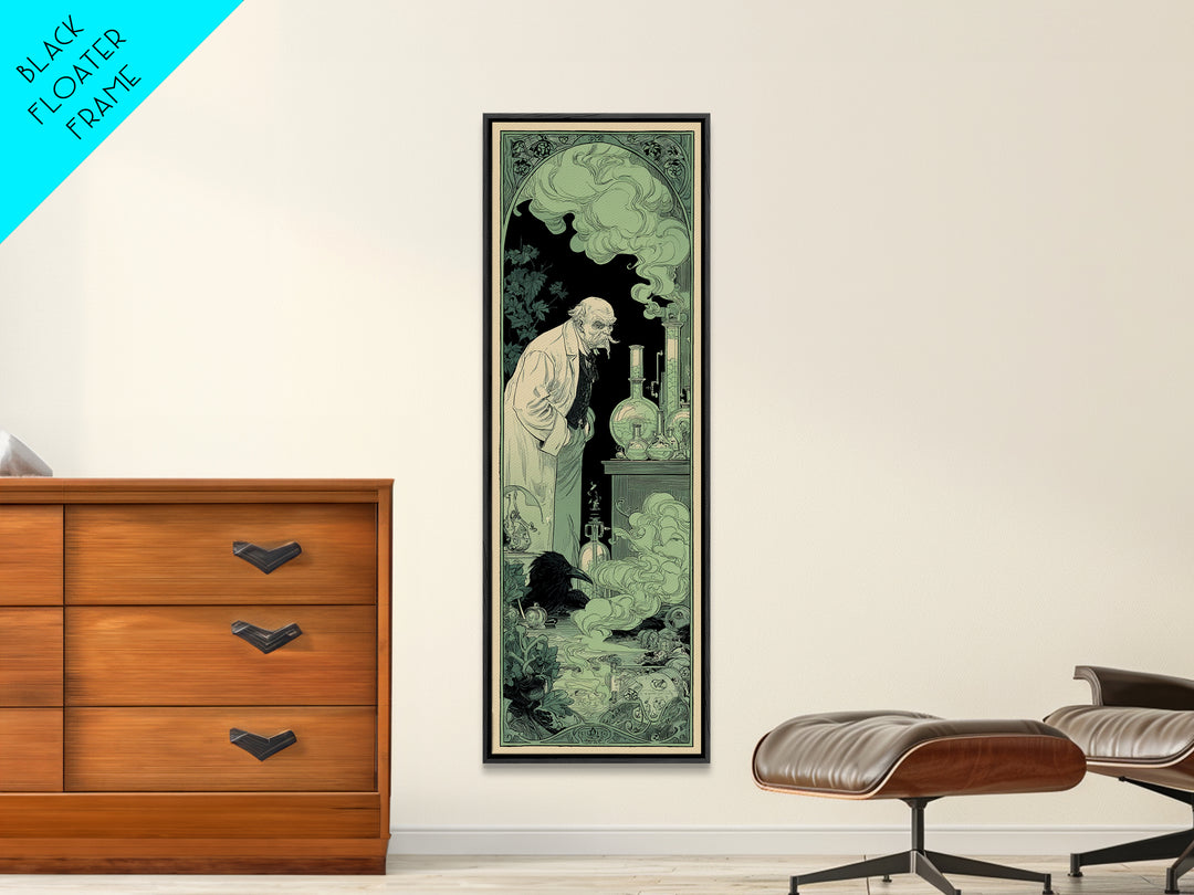 The Mad Alchemist, Decadent Line Art, Tall Narrow Wall Art, Gothic Horror Wall Art, Framed Canvas Print, Halloween Wall Art