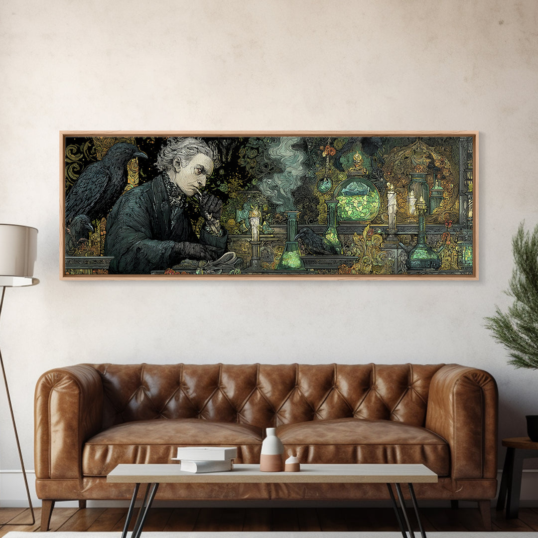 The Mad Alchemist, Stained Glass Gothic Art, Extra Wide Wall Art, Dark Halloween Decor, Canvas Print, Halloween Wall Art