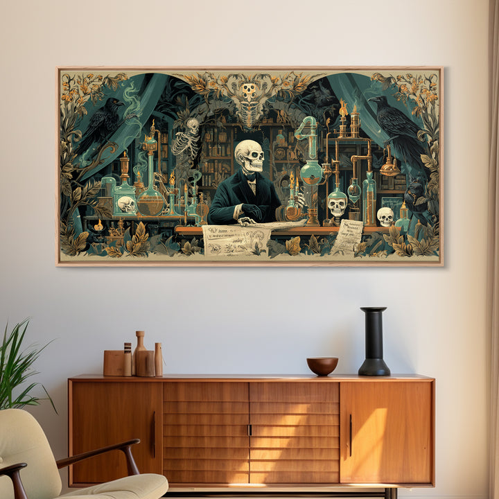 The Mad Alchemist, Macabre Folk Print Art, Wide Panoramic Art, Dark Halloween Decor, Framed Canvas Print, Halloween Wall Art