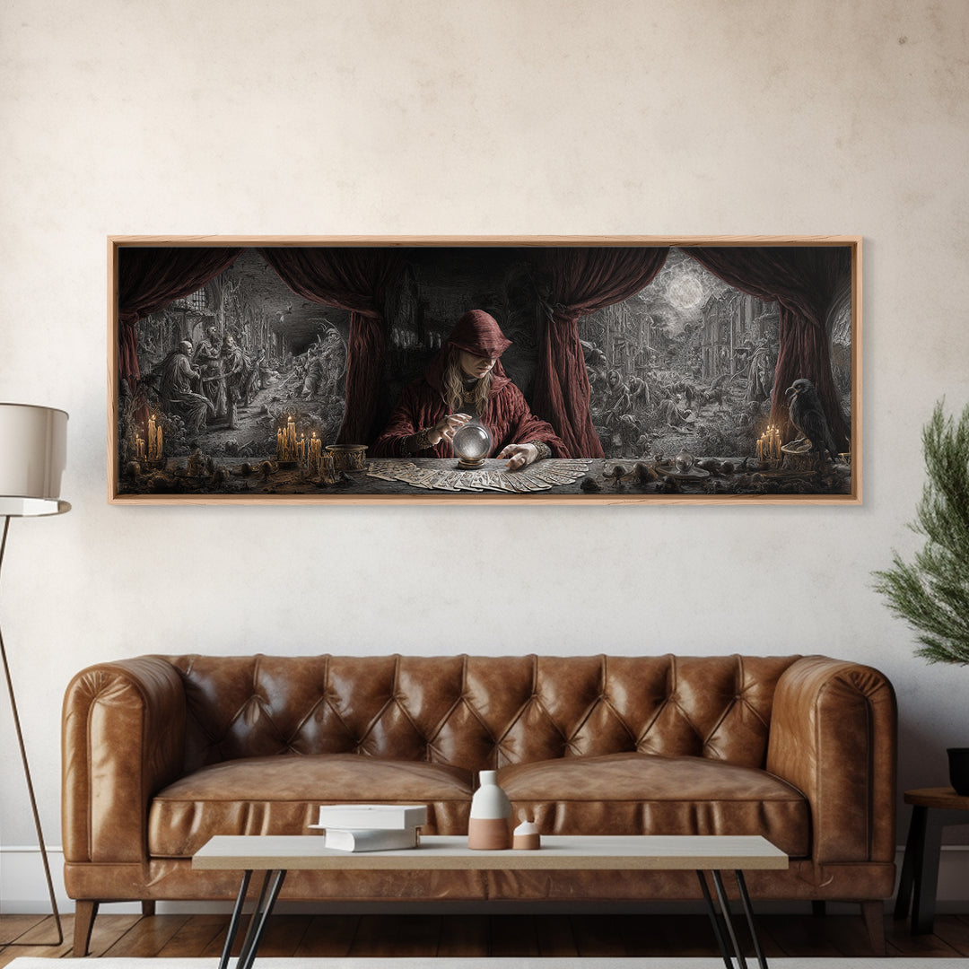 The Midnight Fortune Teller, Medieval Grotesque Art, Extra Wide Wall Art, Dark Fantasy Wall Art, Framed Canvas Print, Halloween Decor