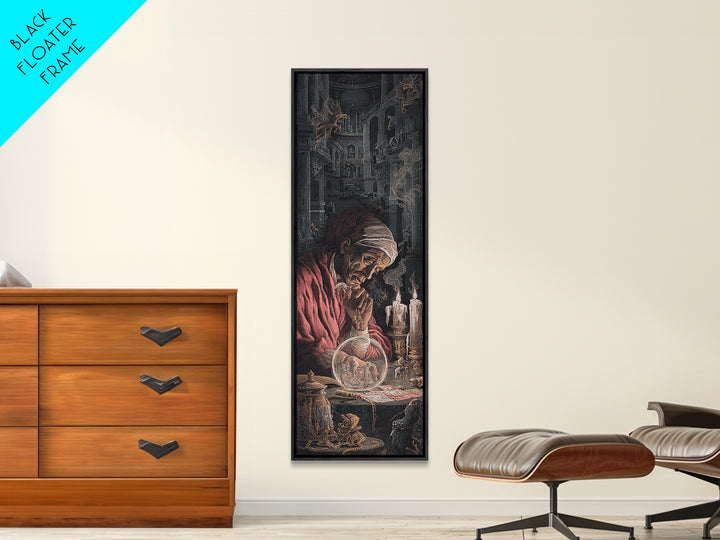 The Midnight Fortune Teller, Architectural Etching Art, Tall Narrow Wall Art, Dark Halloween Decor, Framed Canvas Print