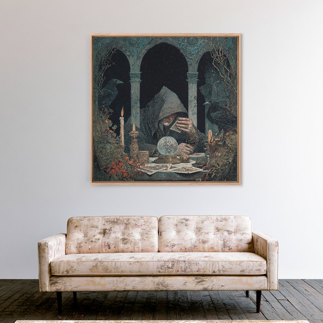 The Midnight Fortune Teller, Symbolist Etching Art, Square Wall Art, Dark Halloween Decor, Framed Canvas Print, Halloween Wall Art