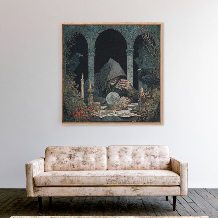 The Midnight Fortune Teller, Symbolist Etching Art, Square Wall Art, Dark Halloween Decor, Framed Canvas Print, Halloween Wall Art