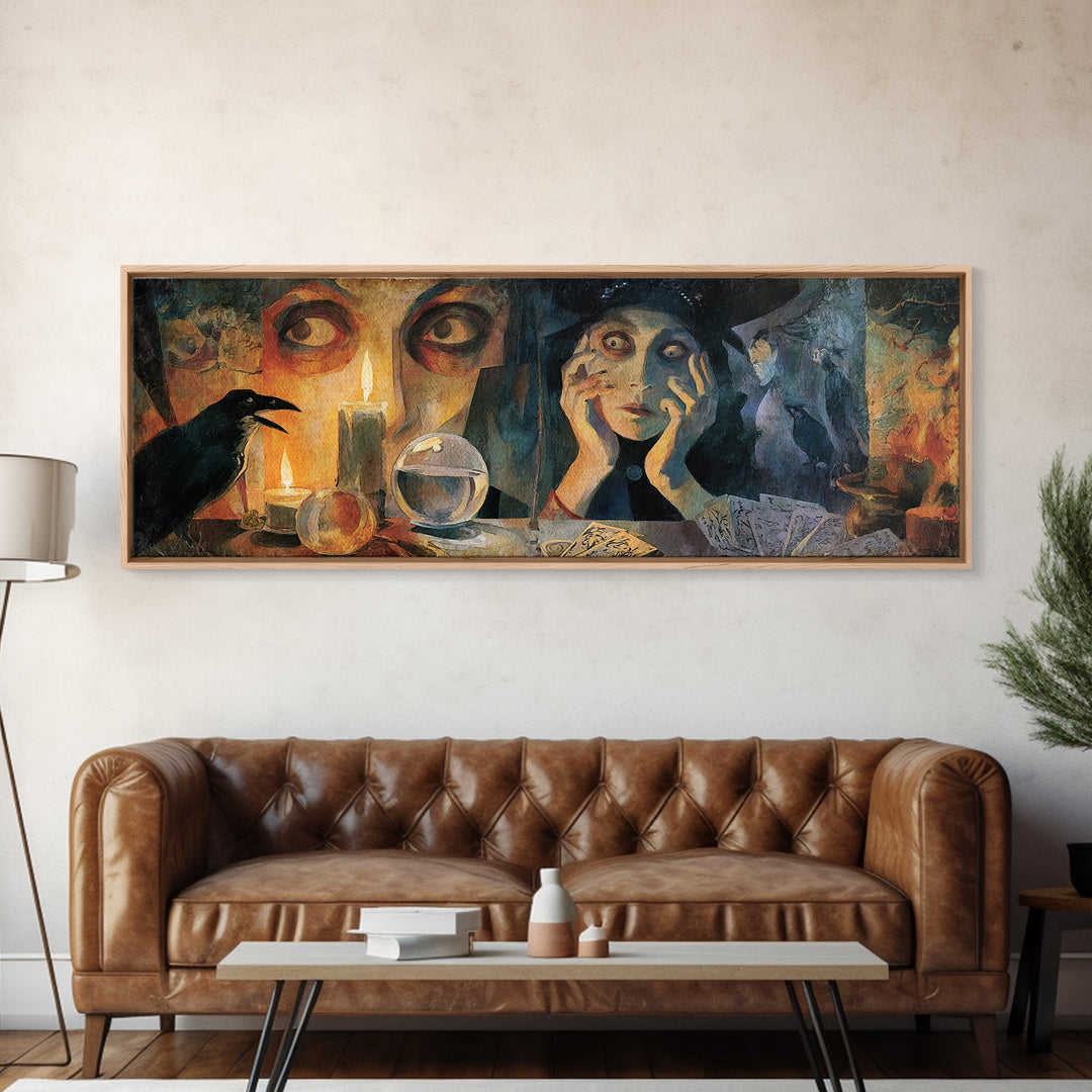 The Midnight Fortune Teller, Expressionist Gothic Art, Extra Wide Wall Art, Macabre Wall Art, Canvas Print, Halloween Wall Art