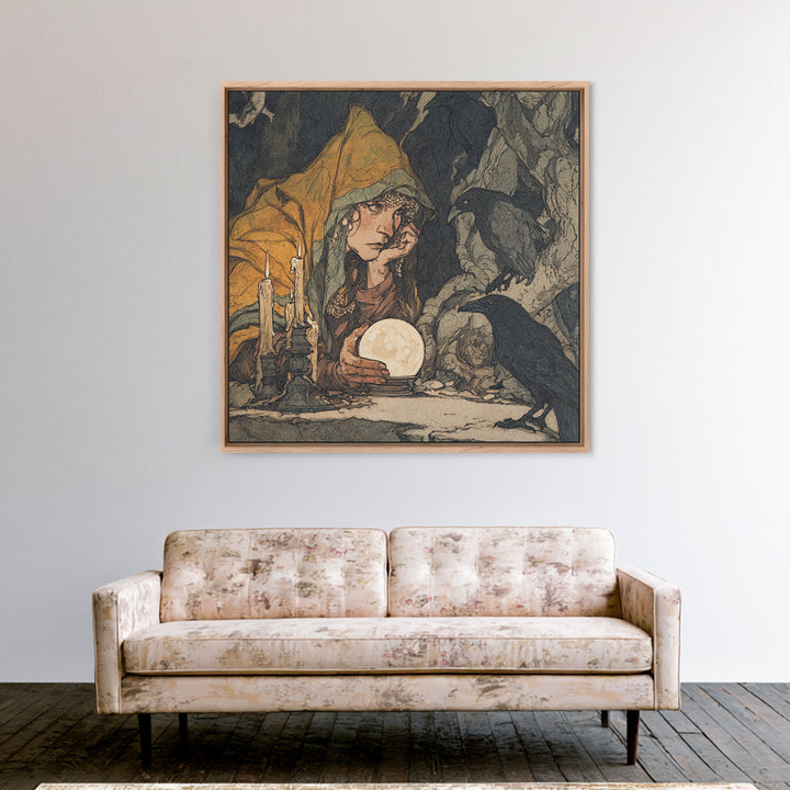 The Midnight Fortune Teller, Gothic Storybook Art, Square Wall Art, Dark Fantasy Wall Art, Framed Canvas Print, Halloween Wall Art