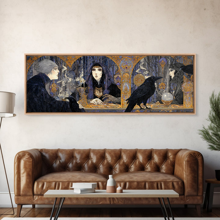 The Midnight Fortune Teller, Stained Glass Gothic Art, Extra Wide Wall Art, Dark Halloween Decor, Canvas Print, Halloween Wall Art