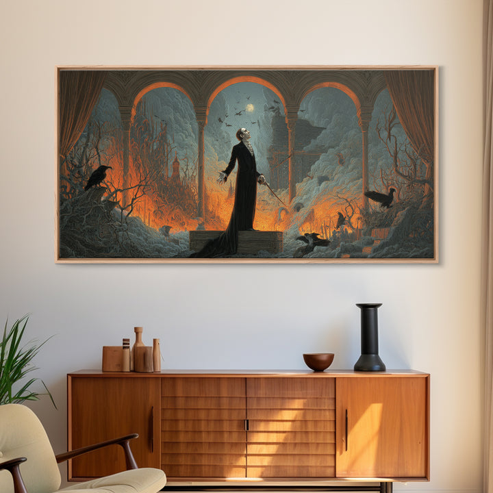 The Sinister Undertaker, Apocalyptic Romantic Art, Wide Panoramic Art, Dark Halloween Decor, Canvas Print, Halloween Wall Art