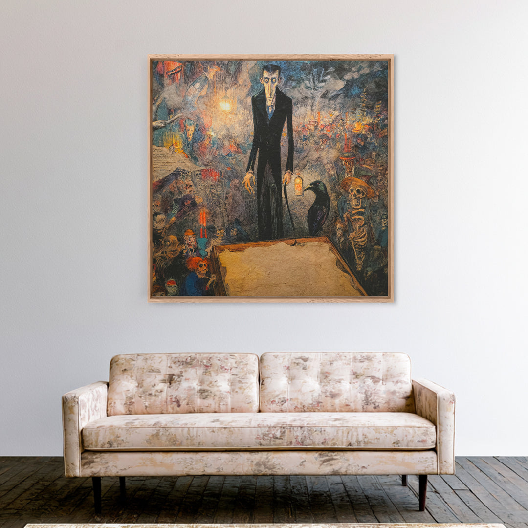 The Sinister Undertaker, Grotesque Carnival Art, Square Wall Art, Macabre Wall Art, Framed Canvas Print, Halloween Wall Art