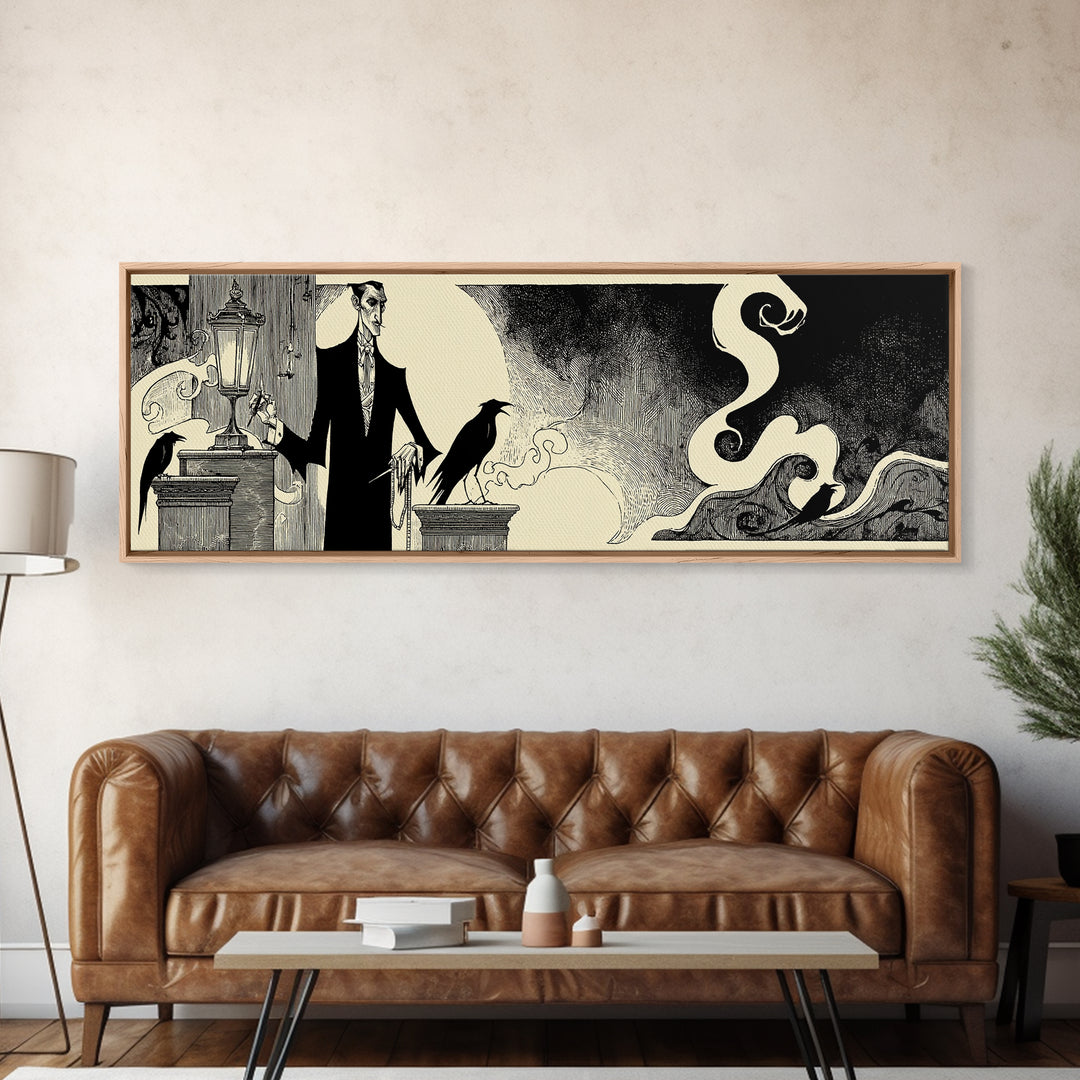 The Sinister Undertaker, Decadent Line Art, Extra Wide Wall Art, Dark Halloween Decor, Canvas Print, Halloween Wall Art