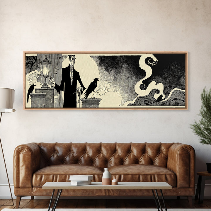 The Sinister Undertaker, Decadent Line Art, Extra Wide Wall Art, Dark Halloween Decor, Canvas Print, Halloween Wall Art
